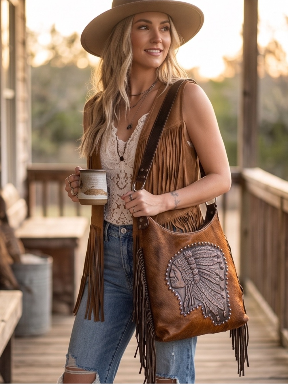 Raviani Brown Hair-On Leather Shoulder Bag with Embossed Headdress